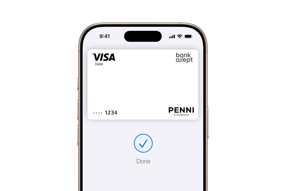 IPhone viser et digitalt betalingskort med bekreftelse 'Done'.